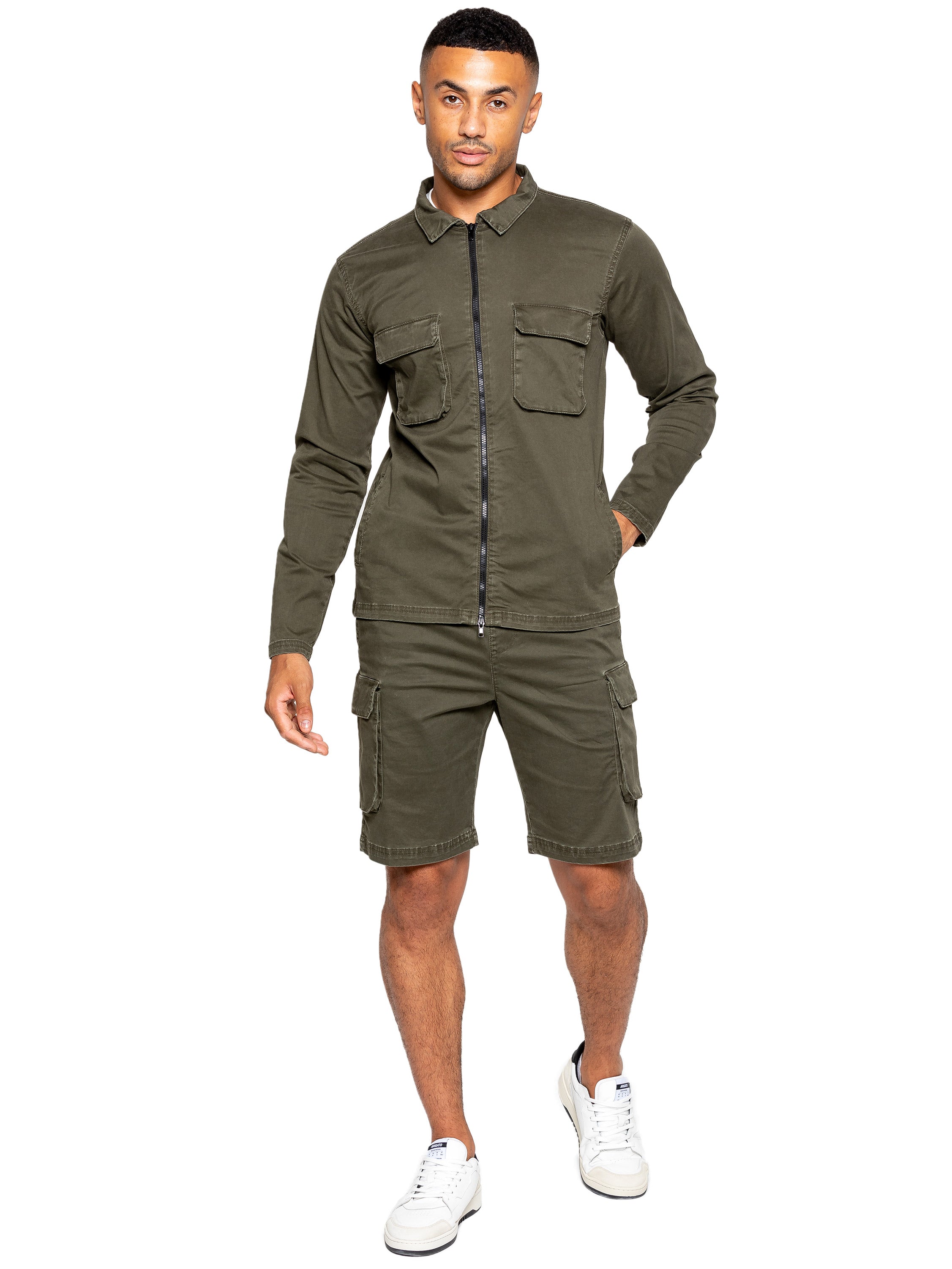 Enzo | Mens Cargo Overshirt Tracksuit With Shorts Set
